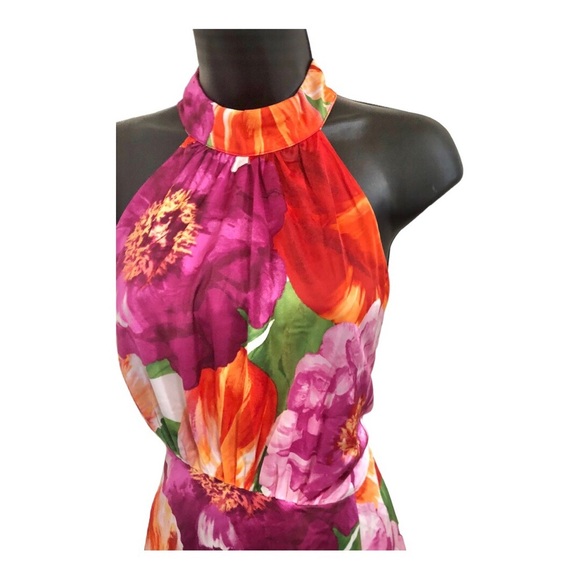 Maggy London pink tropical floral print asymmetrical flowy halter dress size 6 - Picture 13 of 16